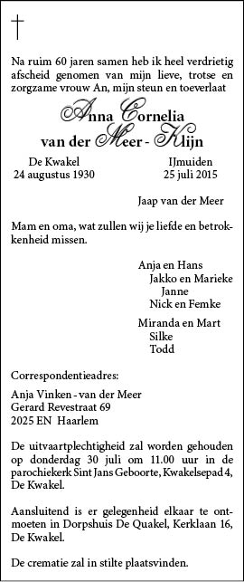Familiebericht/overlijdensbericht