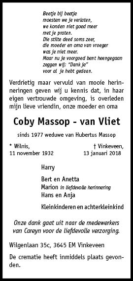 Overleden: Coby Massop - Van Vliet (11-11-1932 - 13-01-2018)