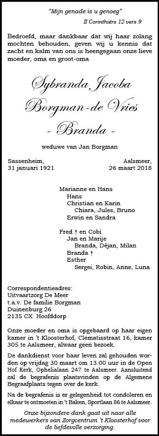 pics Sandra De Vries Overleden overleden sijbranda jacoba borgman de