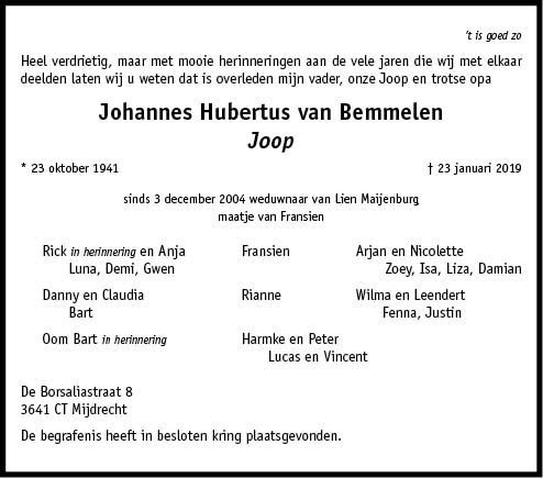 Familiebericht/overlijdensbericht