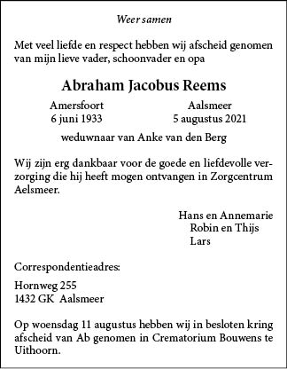 Familiebericht/overlijdensbericht