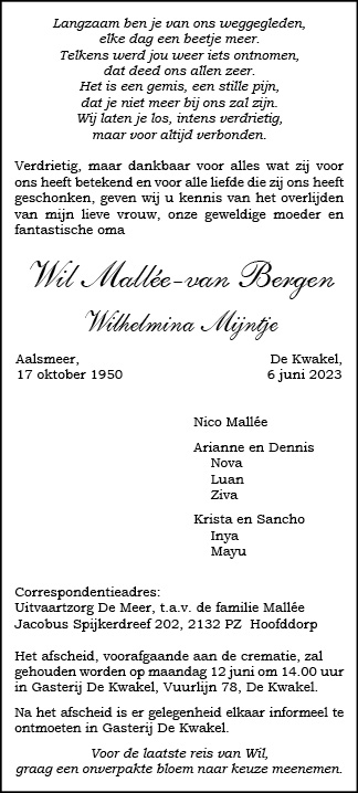 Familiebericht/overlijdensbericht
