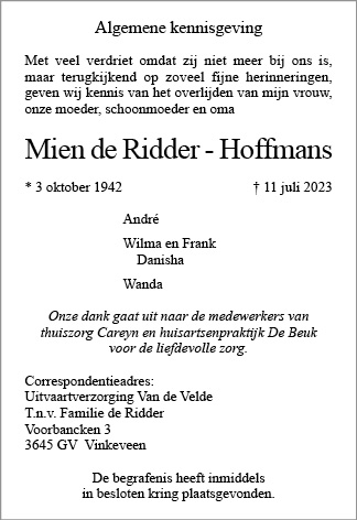 Familiebericht/overlijdensbericht