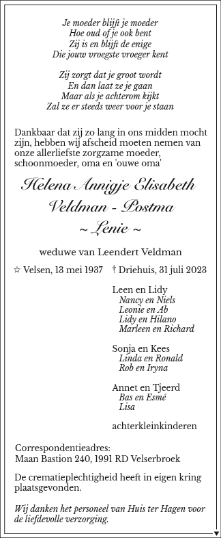 Familiebericht/overlijdensbericht