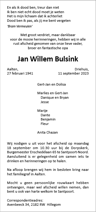 Familiebericht/overlijdensbericht