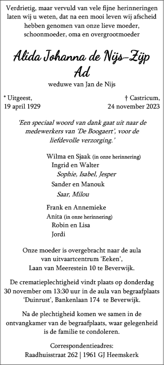 Familiebericht/overlijdensbericht