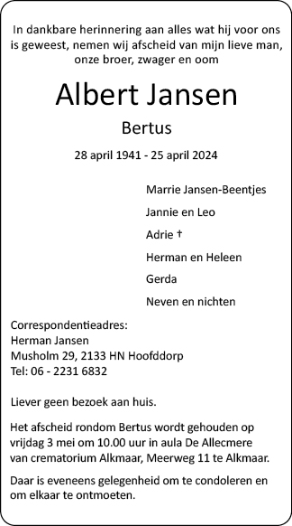 Familiebericht/overlijdensbericht