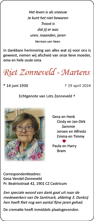 Familiebericht/overlijdensbericht