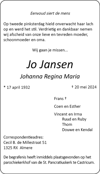Familiebericht/overlijdensbericht