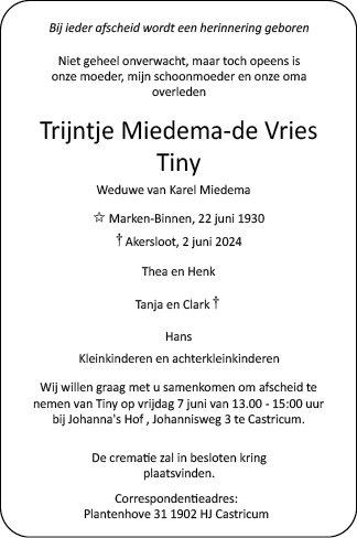 Familiebericht/overlijdensbericht