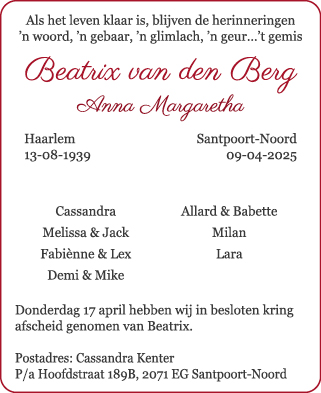 Familiebericht/overlijdensbericht