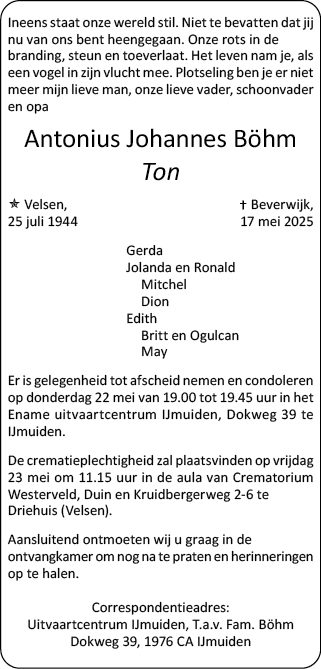Familiebericht/overlijdensbericht
