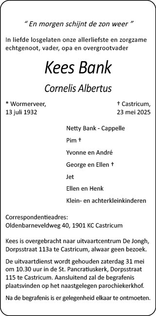 Familiebericht/overlijdensbericht