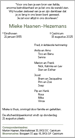 Familiebericht/overlijdensbericht