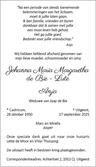 Familiebericht/overlijdensbericht
