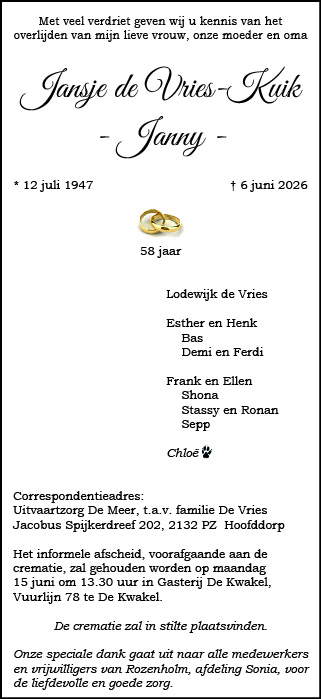 Familiebericht/overlijdensbericht