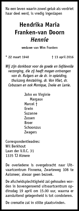 Familiebericht/overlijdensbericht
