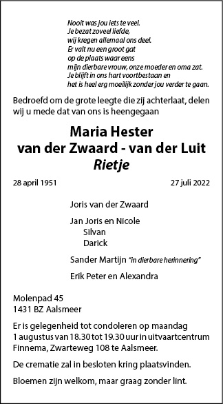 Familiebericht/overlijdensbericht