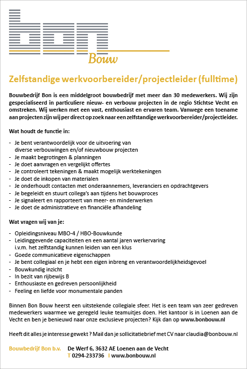 Vacature Zelfstandige werkvoorbereider/projectleider