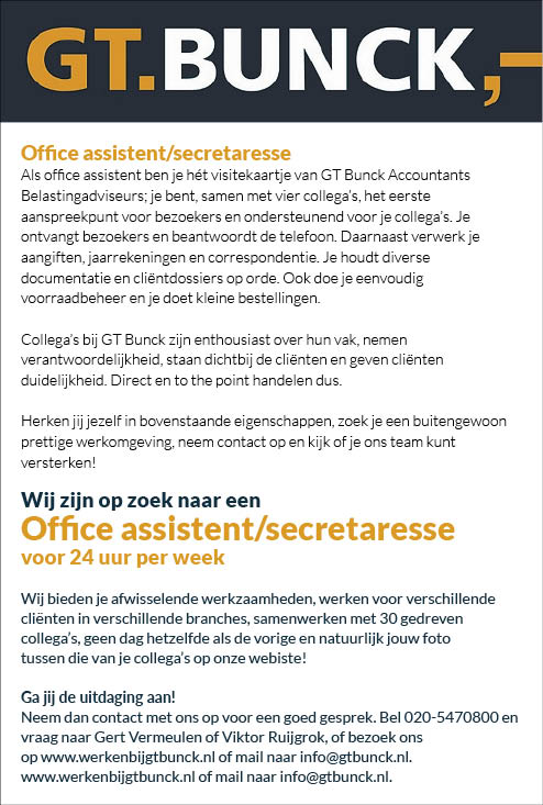Vacature Office assistent/secretaresse