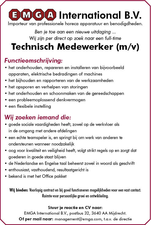 Vacature Technisch Medewerker (m/v)