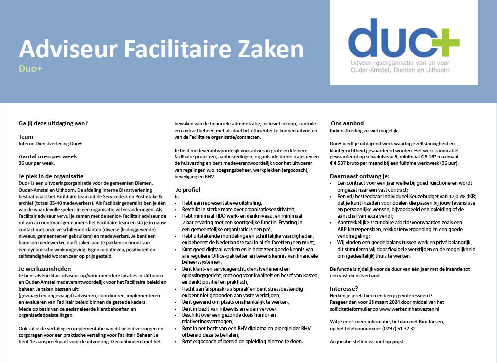 Vacature Adviseur Facilitaire Zaken