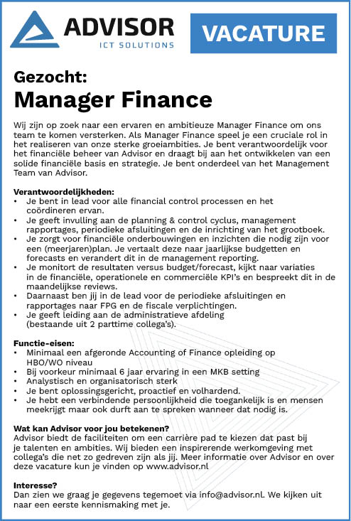 Vacature Manager Finance