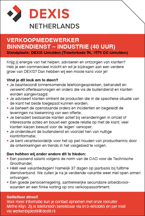 Vacature Verkoopmedewerker Binnendienst – Industrie