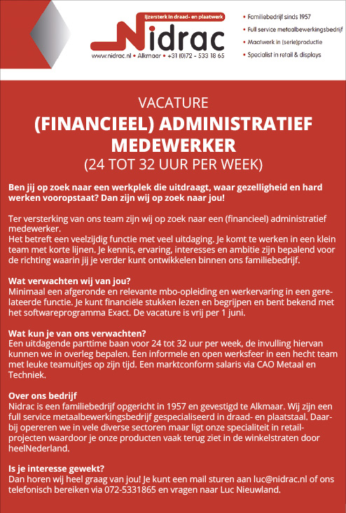 Vacature (Financieel) Administratief medewerker