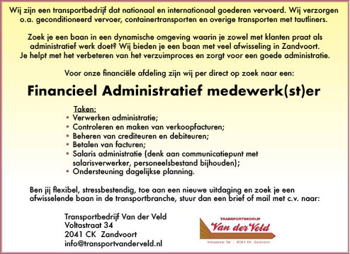 Vacature Financieel Administratief medewerk(st)er