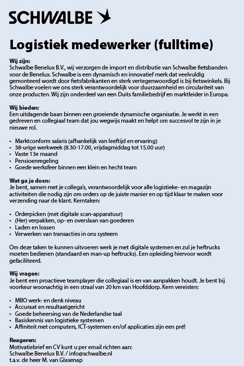 Vacature Logistiek medewerker