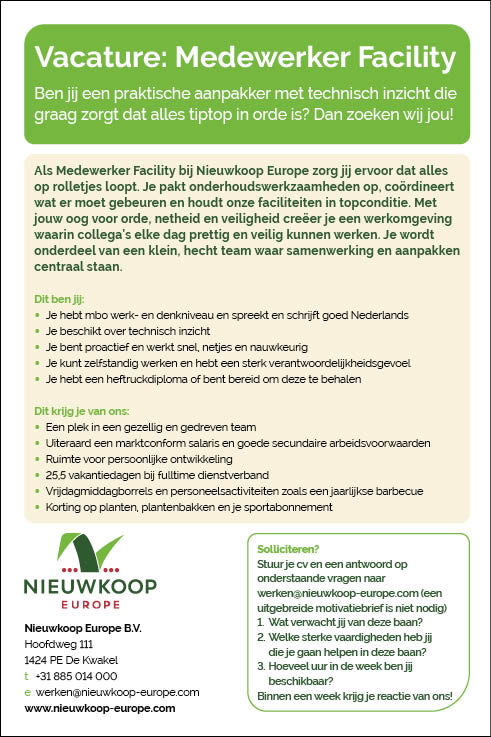 Vacature Medewerker Facility