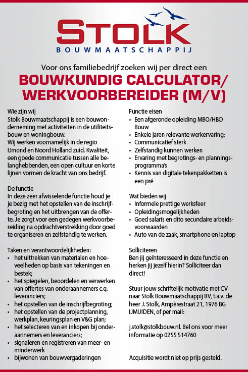 Vacature Bouwkundig Calculator/Werkvoorbereider (M/V)