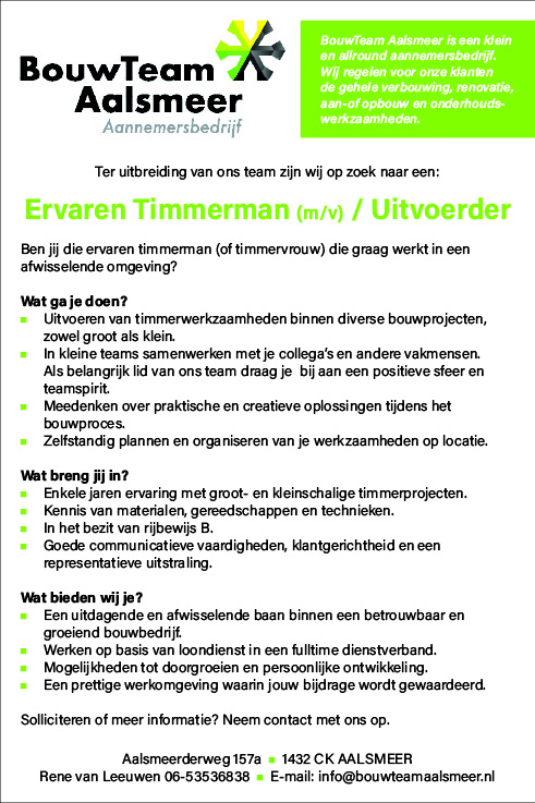 Vacature Ervaren Timmerman (m/v) / Uitvoerder