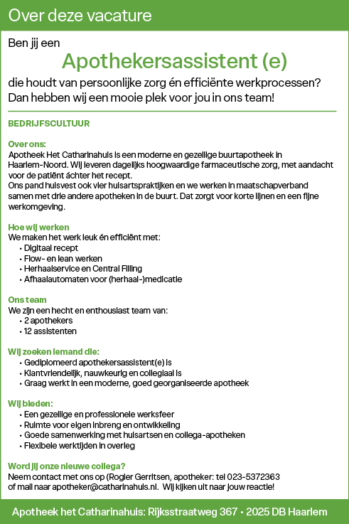 Vacature Apothekersassistent (e)