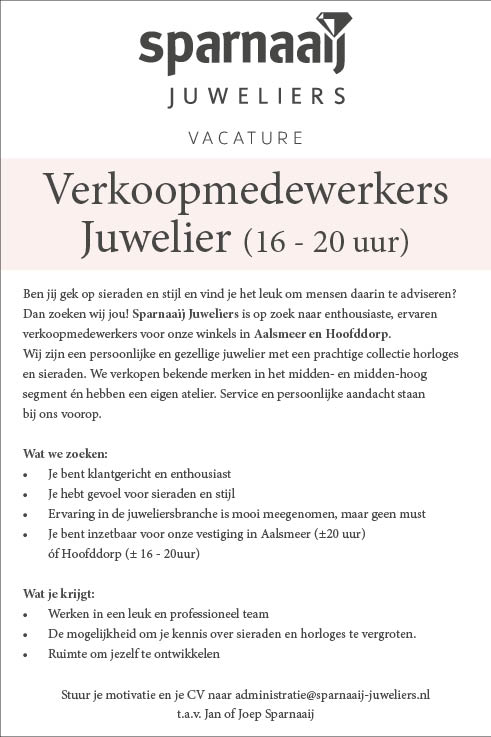 Vacature Verkoopmedewerkers  Juwelier