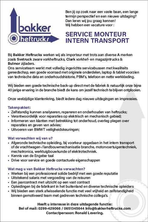 Vacature Service Monteur Intern Transport