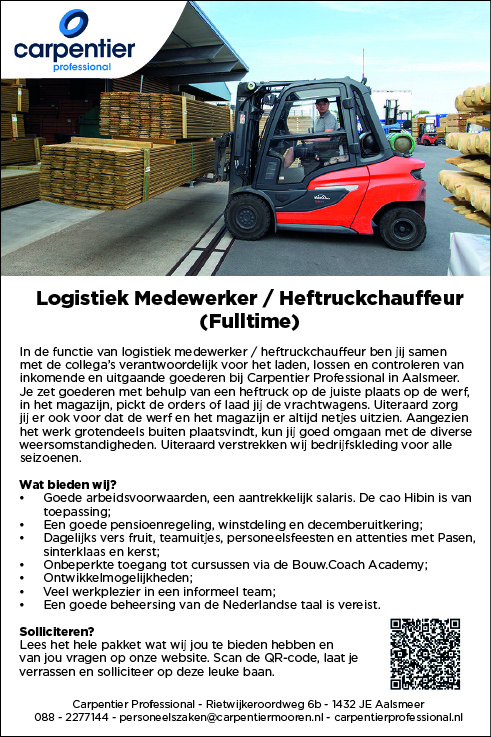 Vacature Logistiek Medewerker / Heftruckchauffeur