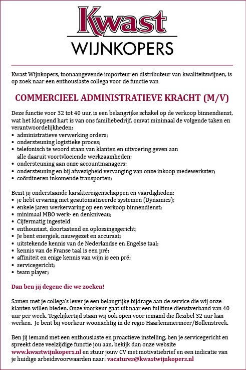 Vacature Commercieel administratieve kracht (m/v)
