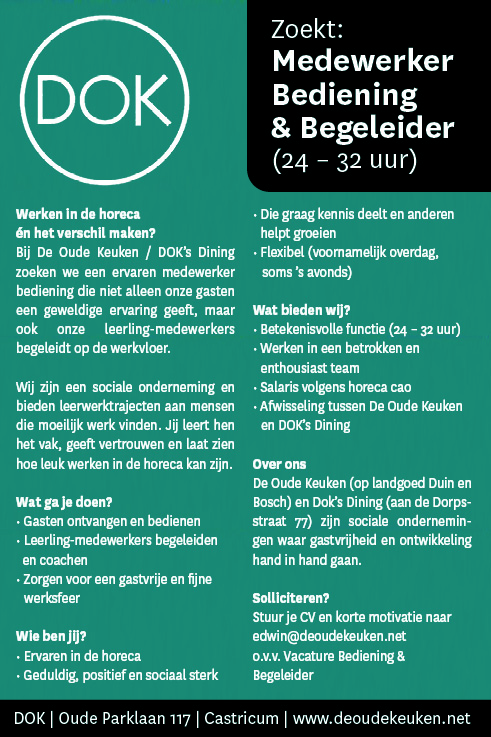 Vacature Medewerker Bediening & Begeleider