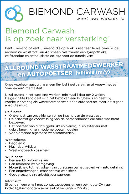 Vacature Allround Wasstraatmedewerker en Autopoetser