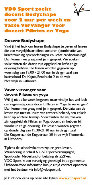 Vacature Docent Bodyshape en vaste vervanger voor docent Pilates en yoga