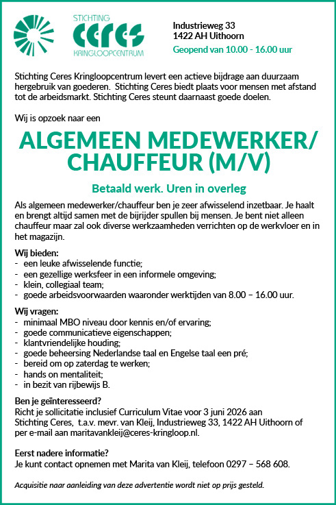 Vacature Algemeen medewerker/chauffeur