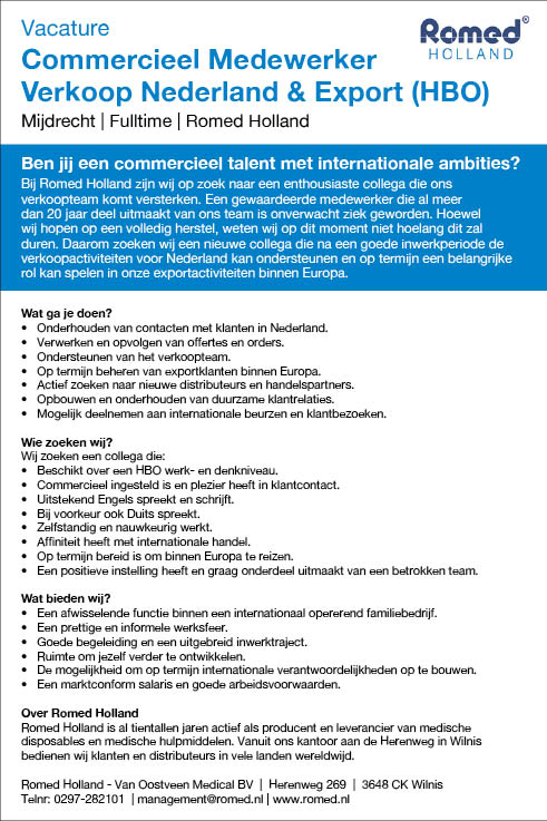 Vacature Commercieel Medewerker  Verkoop Nederland & Export (HBO)