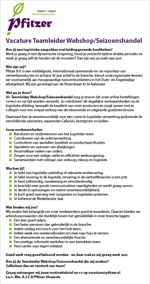 Vacature Teamleider Webshop/Seizoenshandel
