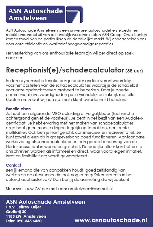 Vacature Receptionist(e) / schadecalculator