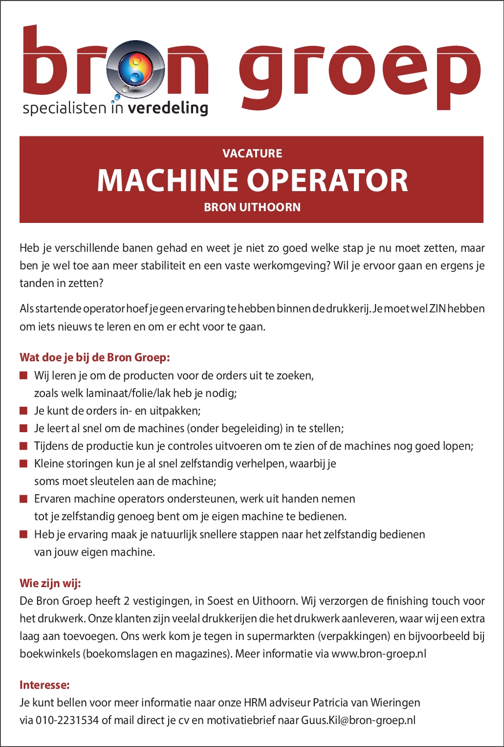 Vacature Machine operator