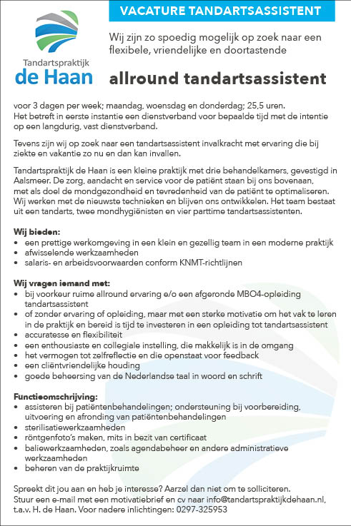Vacature Allround Tandartsassistent