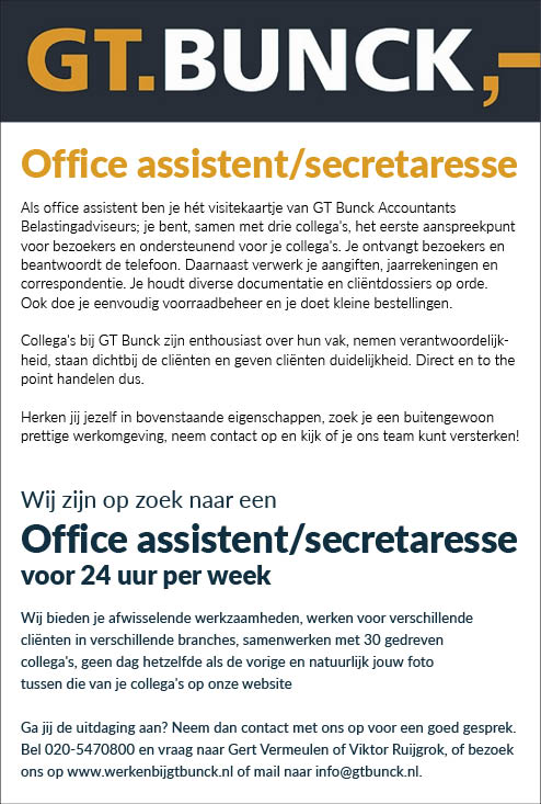 Vacature Office Assistent/secretaresse
