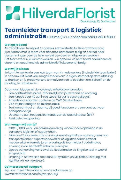 Vacature Teamleider transport & logistiek administratie